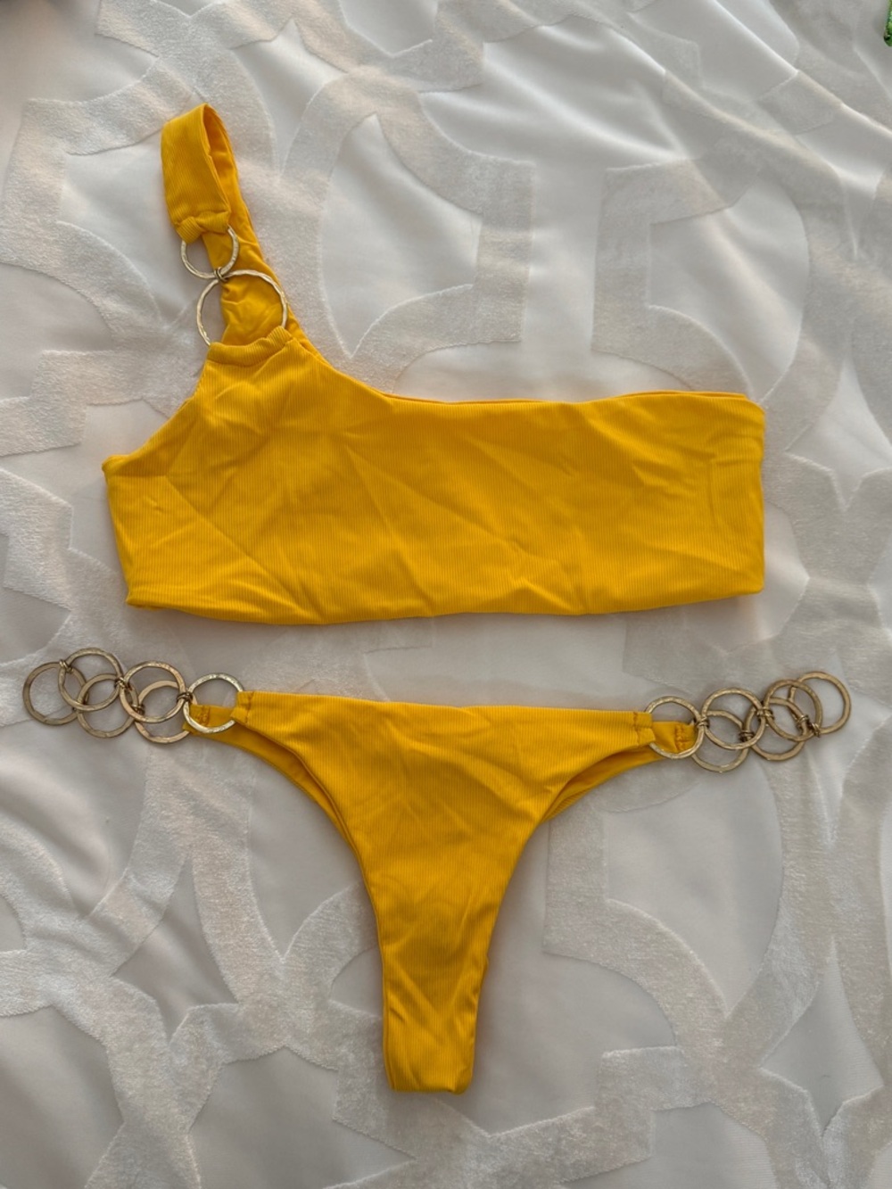 Beach Bunny Bright Yellow One-Shoulder Bikini with Gold Ring Links